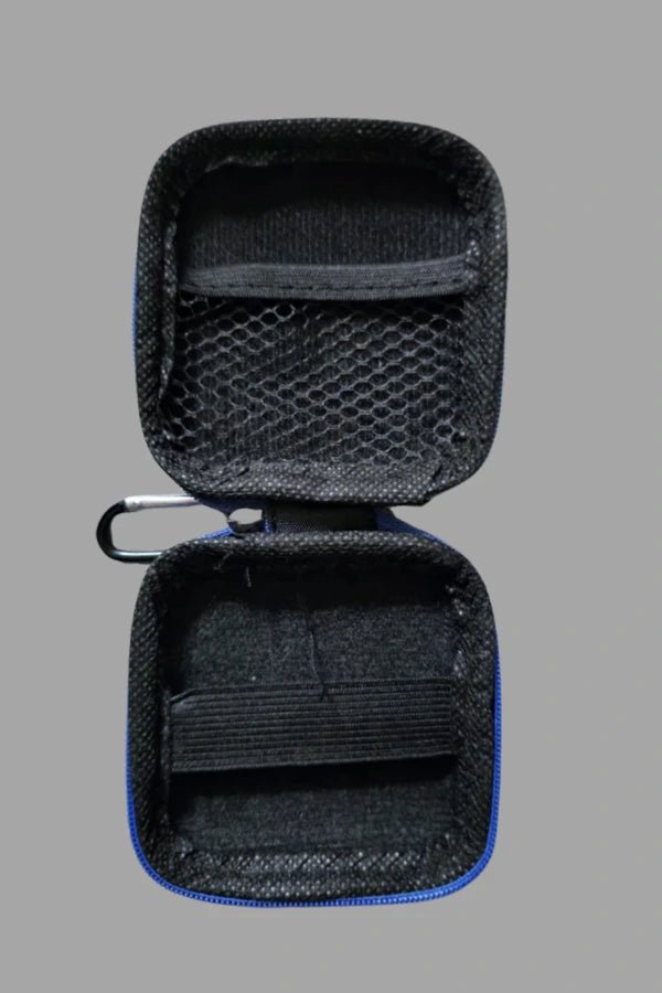 Maskulo Jax Wanderlust mini zip case (MCS105) in black & royal blue leather-look EVA with carabiner. Ideal for storing small essentials, cock rings, or fetish gear.