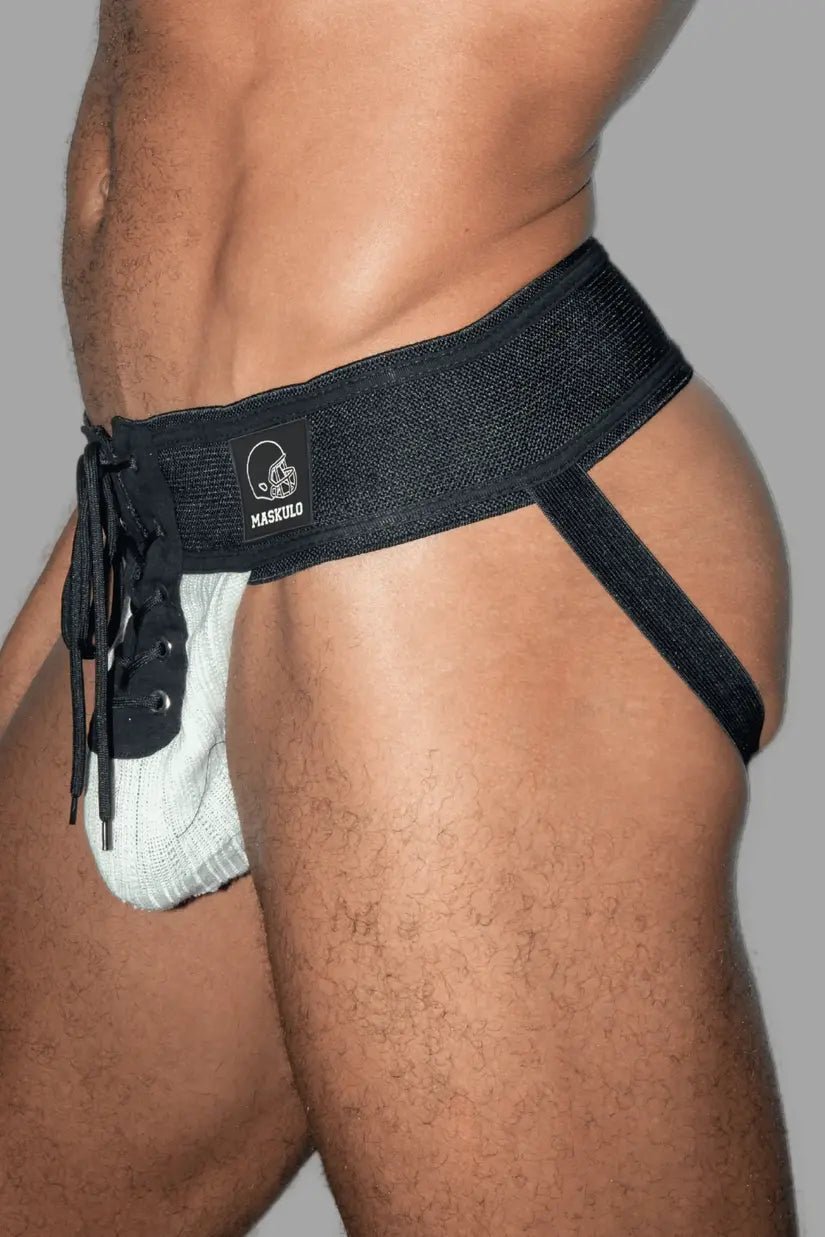 Ken Gridd Iron American Football Jockstrap by Maskulo in black and white. Comfortable and durable athletic support accessory.