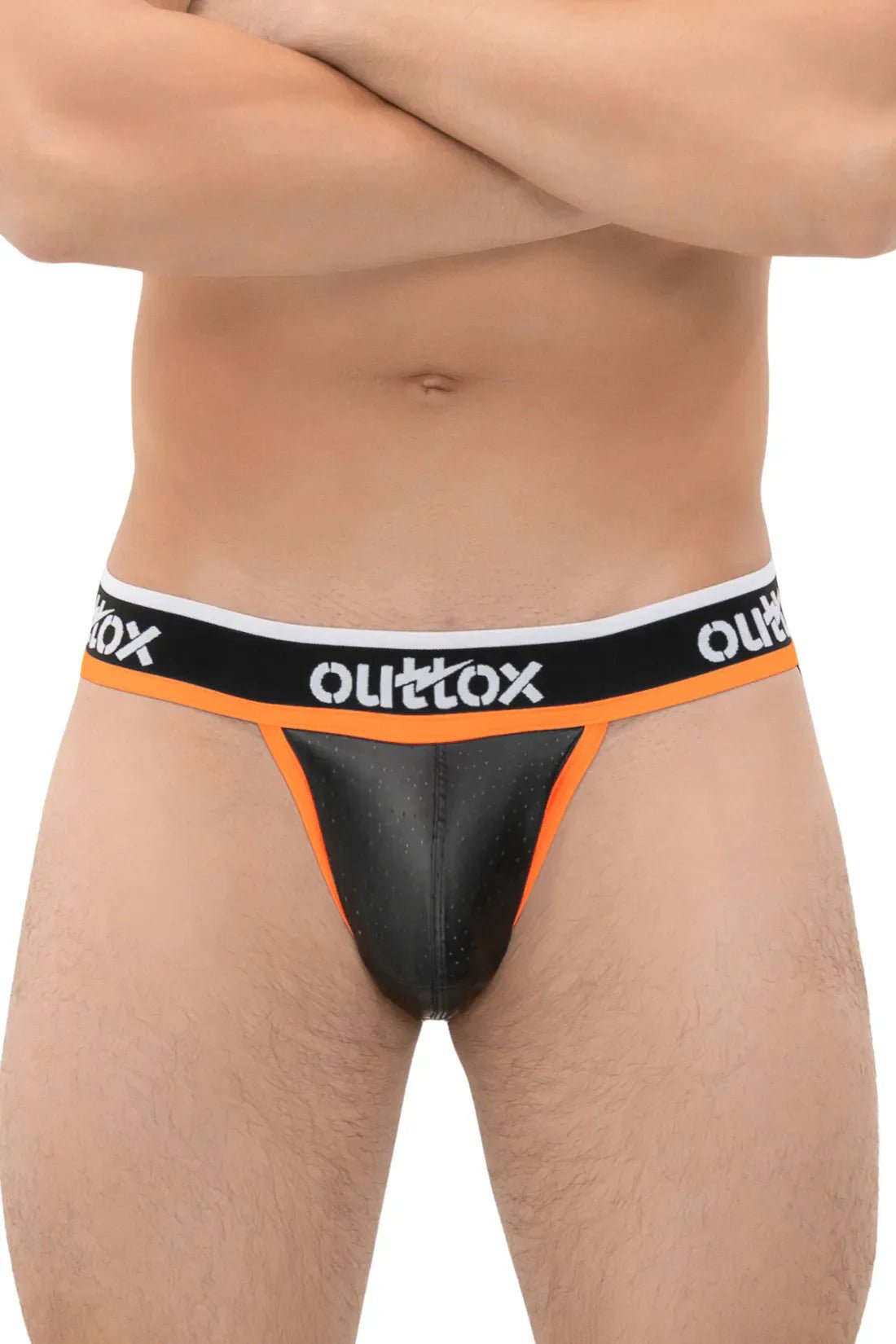 Outtox Black & Orange Jockstrap w/ Snap Codpiece. Polyester/PU eco leather for comfort & breathability. Maskulo Global EU Store.
