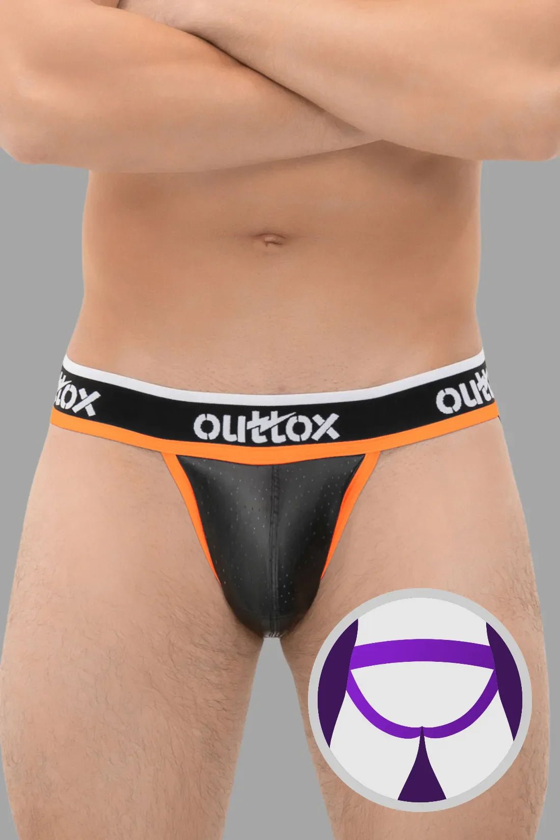 Outtox Black & Orange Jockstrap w/ Snap Codpiece. Polyester/PU eco leather for comfort & breathability. Maskulo Global EU Store.