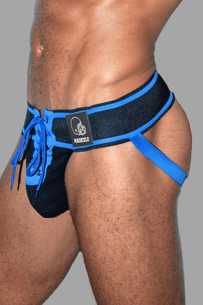 Liam Gridd-Iron, Jockstrap de Fútbol Americano. Negro + Azul Real