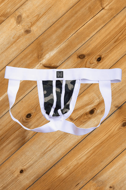 Kyle Steelguard Jockstrap en Maille. Camouflage + Blanc