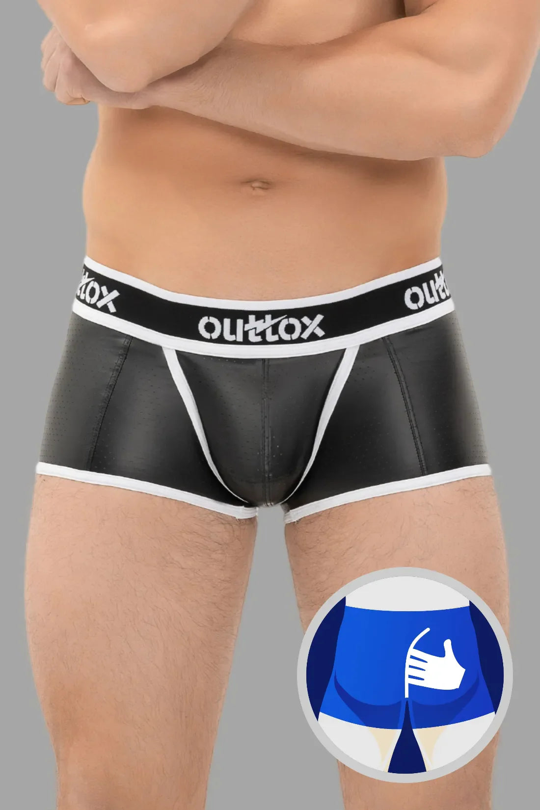 Outtox. Short de coffre arrière enveloppé avec braguette à boutons-pression. Noir et blanc