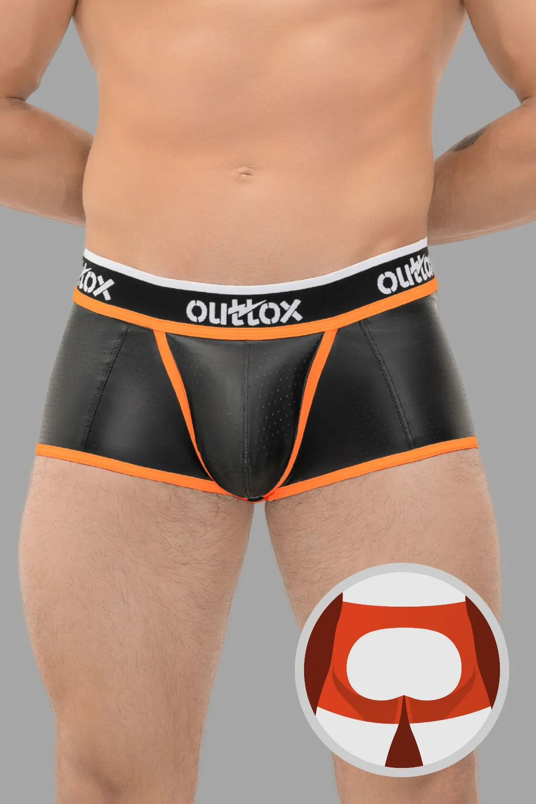 Outtox. Short de coffre arrière ouvert avec braguette à boutons-pression. Noir et orange