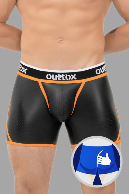 Outtox. Kurze Strumpfhose mit Wickel-Rücken. Schamkapsel mit Druckknopf. Schwarz und Orange