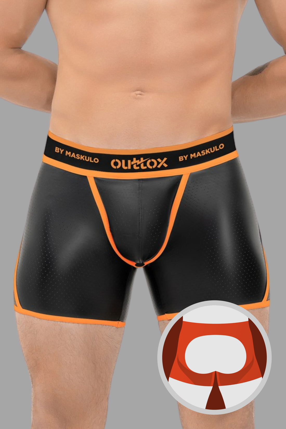Outtox. Shorts mit offenem Rücken und Druckknopf-Codpiece. Orange „Neon“