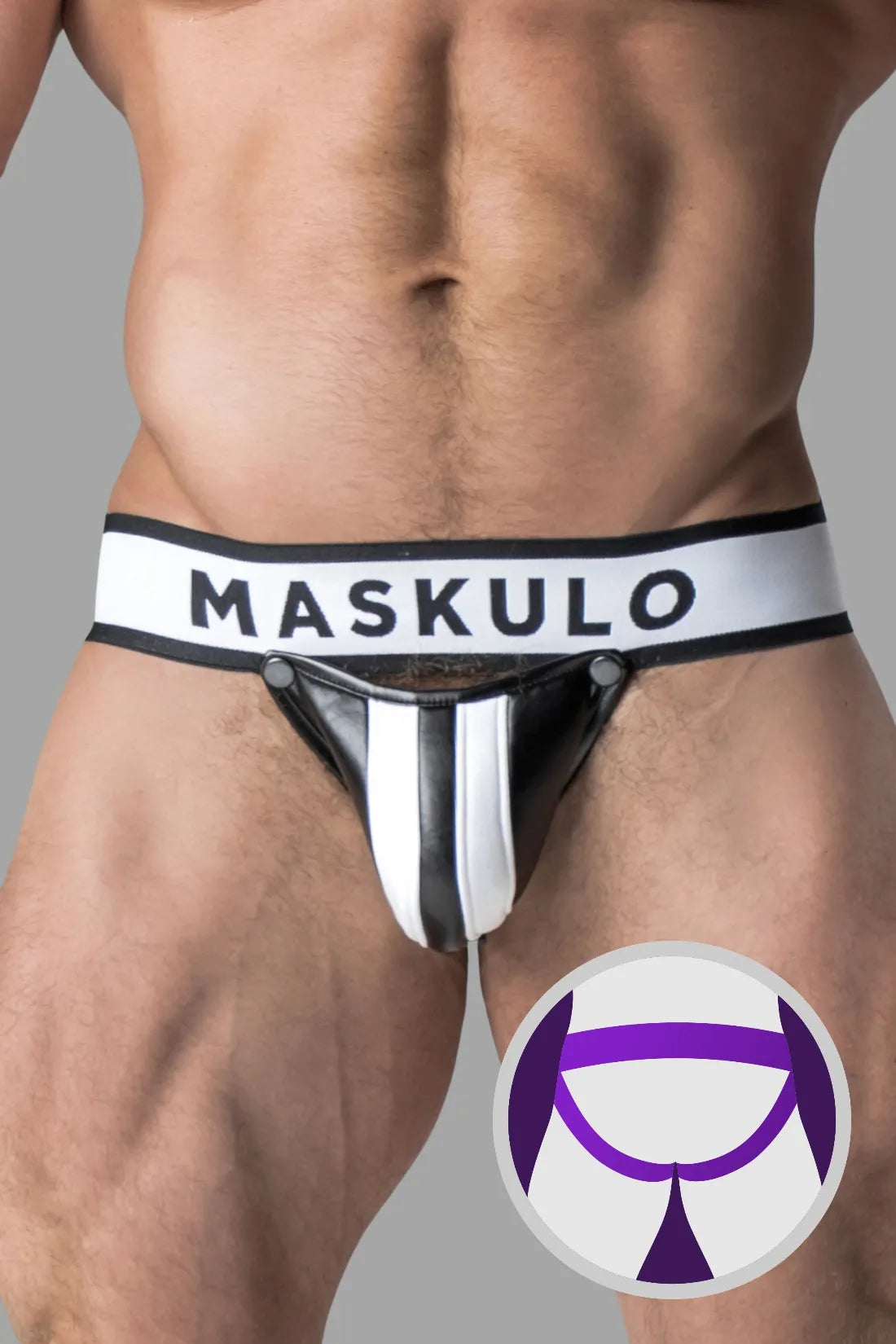 Armé. Jockstrap pour homme. Braguette amovible. Blanc et noir