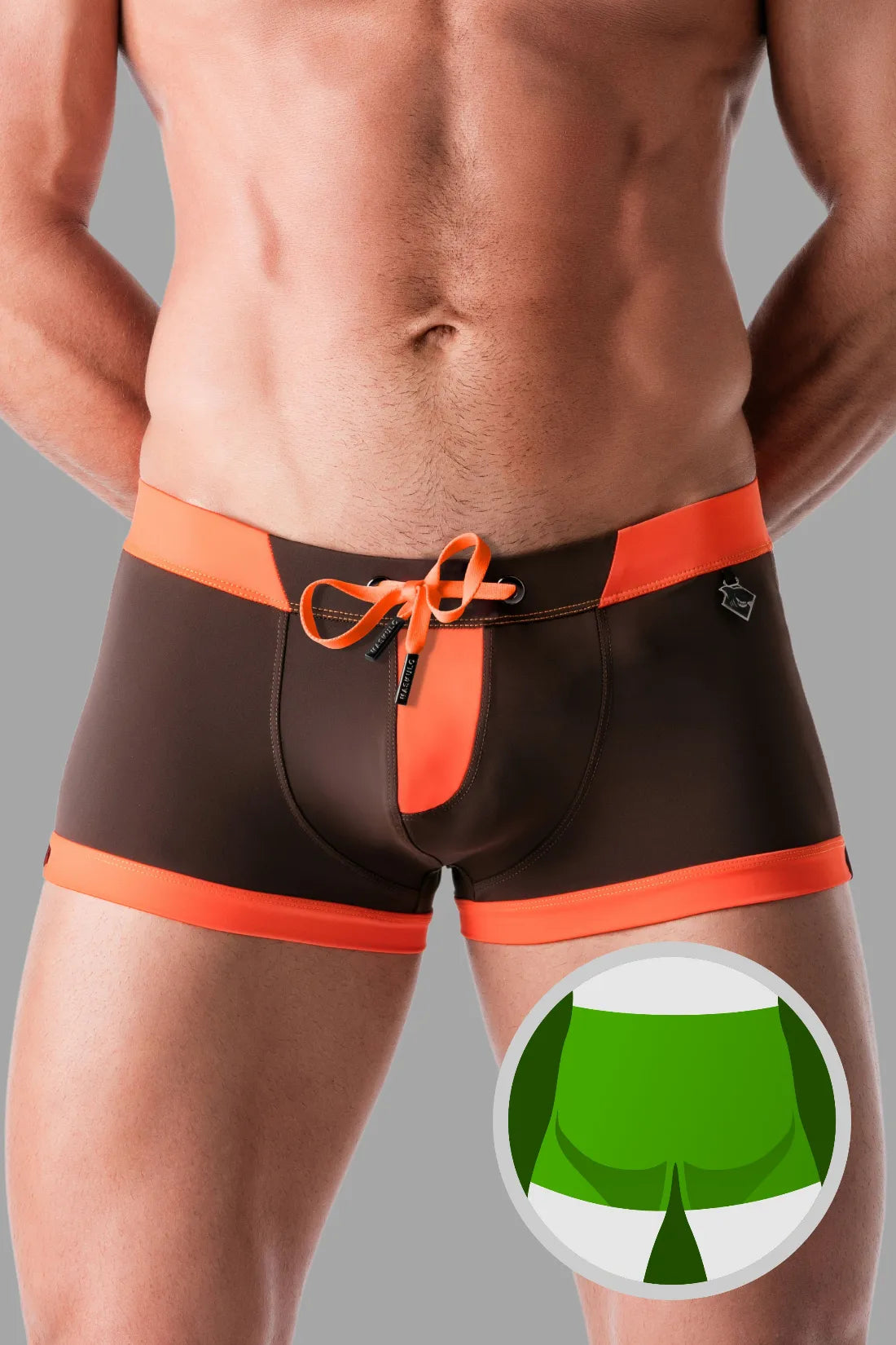 Zwemshort met imitatierits aan de voorkant. Bruin+oranje