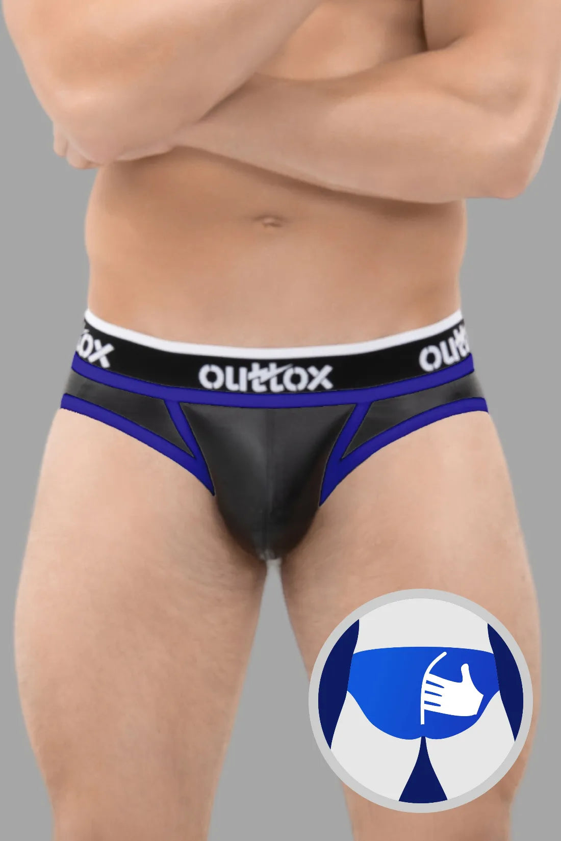 Outtox. Omwikkelde slip aan de achterkant met drukknoopsluiting. Zwart+Blauw &