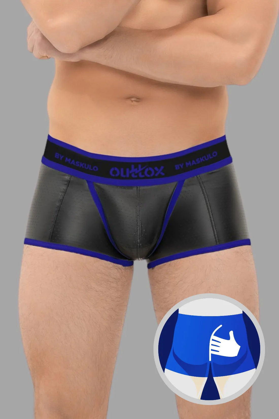 Outtox. Gewickelte Shorts mit Druckknopfverschluss. Schwarz und Blau