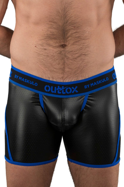 Outtox. Shorts mit offenem Rücken und Druckknopf-Codpiece. Blau