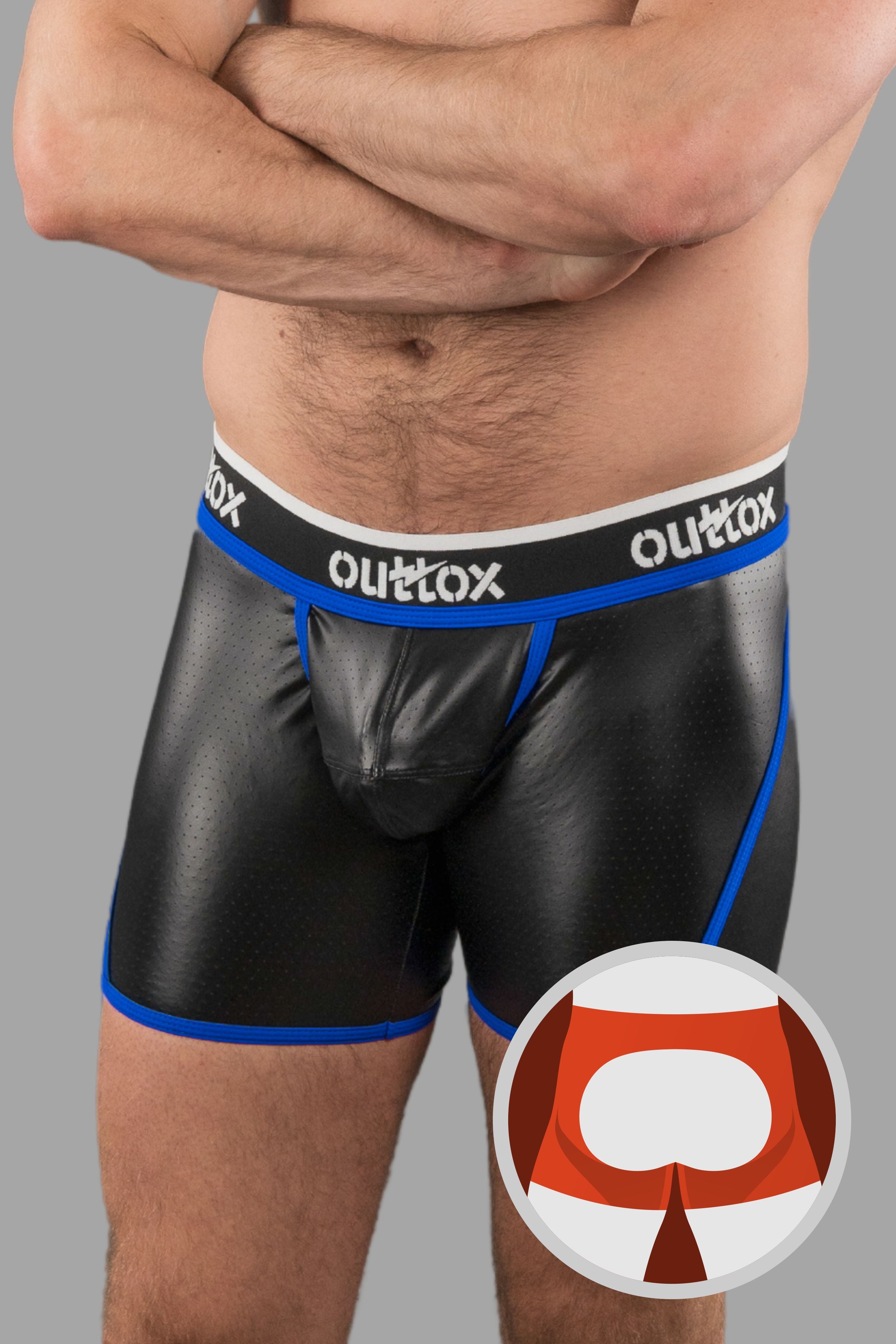 Outtox. Open Rear Shorts with Snap Codpiece. Black+Blue &