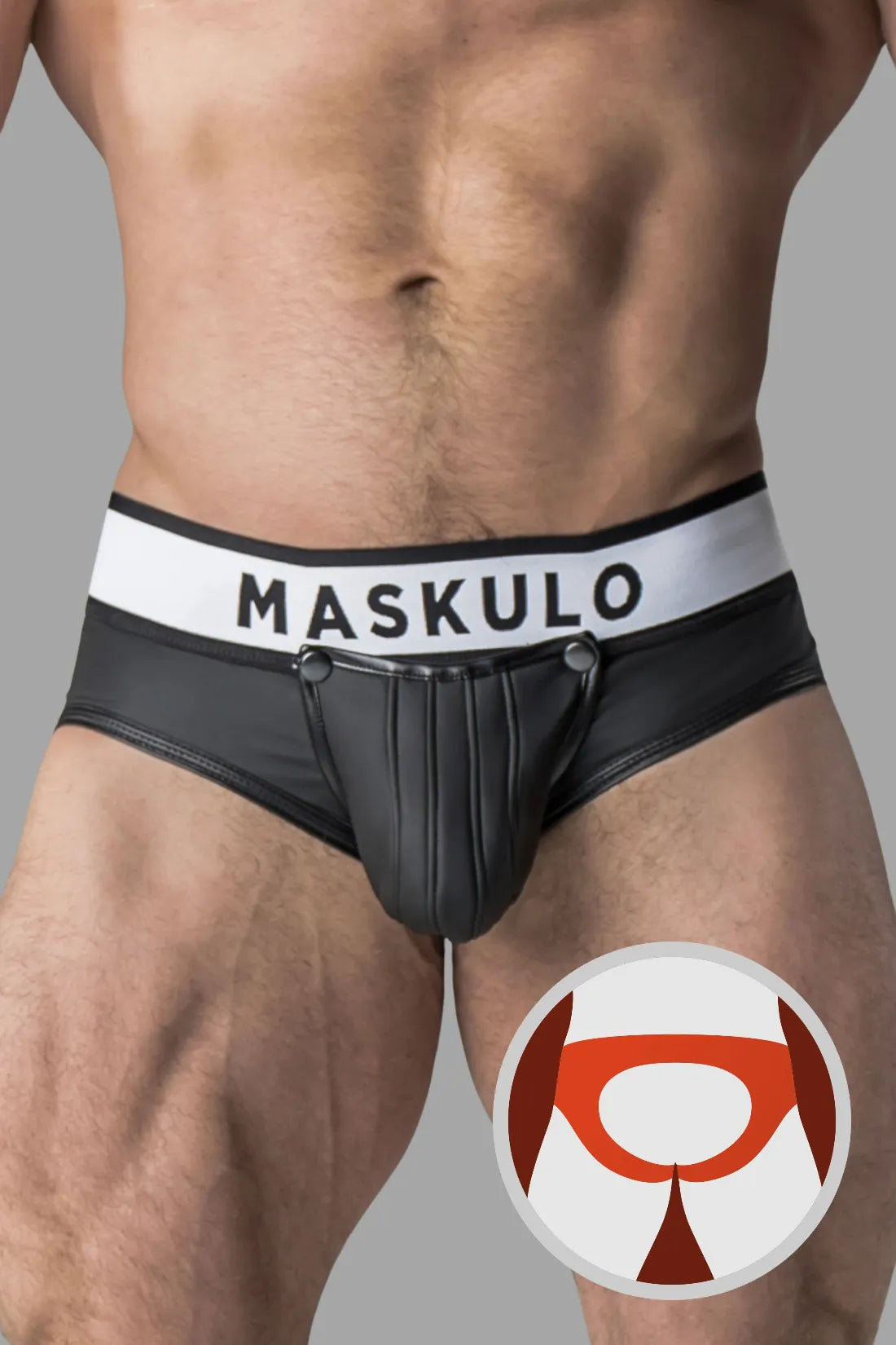 Armored. Rubber look Briefs. Detachable pouch. Open rear. Black