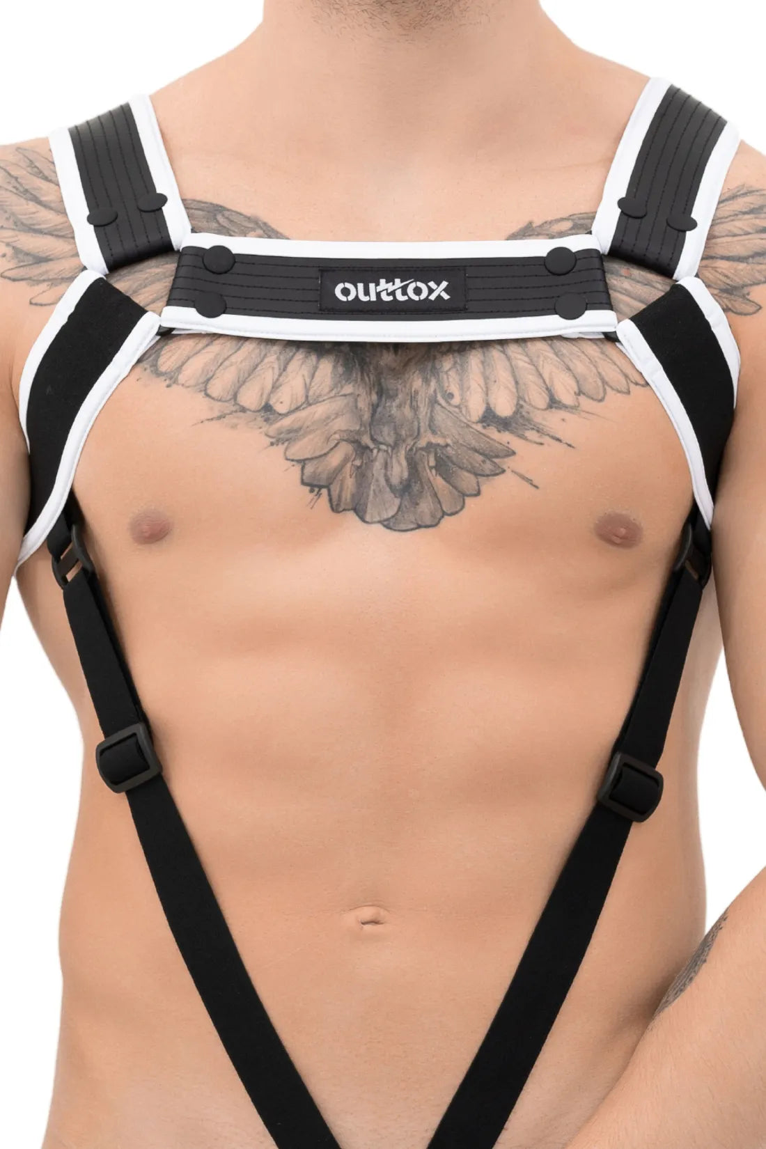 Outtox. Harnais de corps avec boutons-pression. Noir et blanc