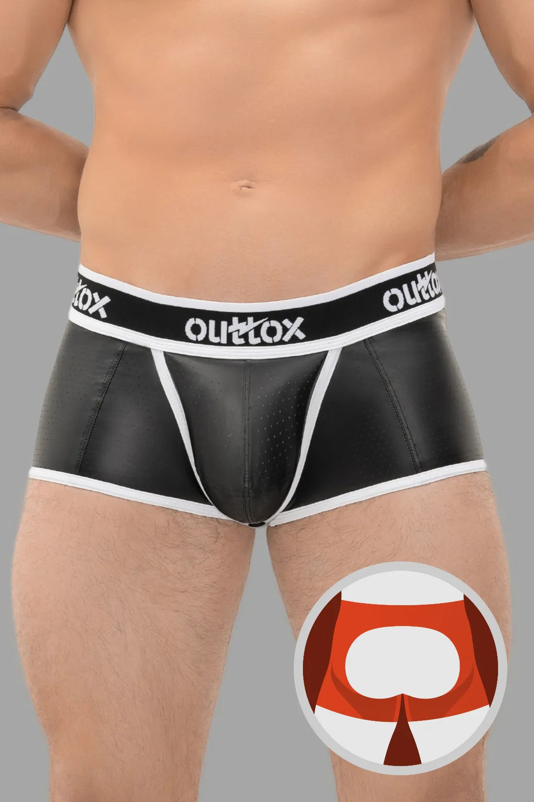 Outtox. Shorts mit offenem Rücken und Druckknopf-Codpiece. Schwarz und Weiß