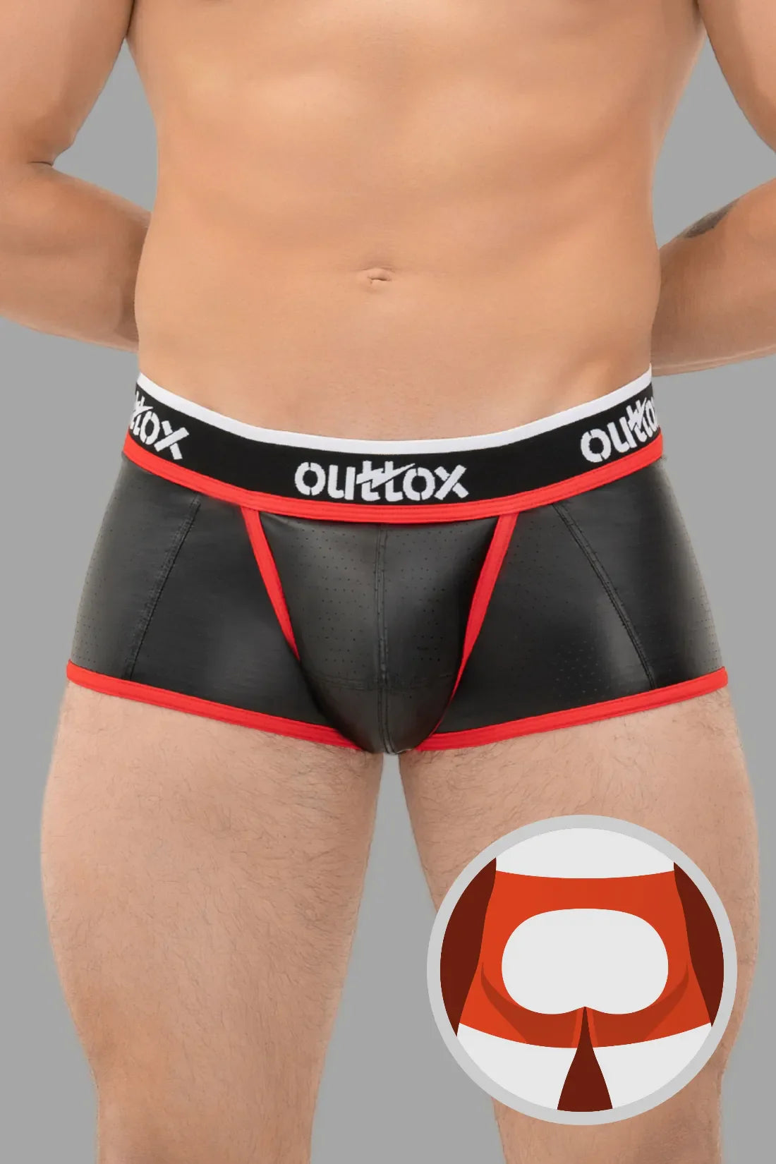 Outtox. Shorts mit offenem Rücken und Druckknopf-Codpiece. Schwarz und Rot