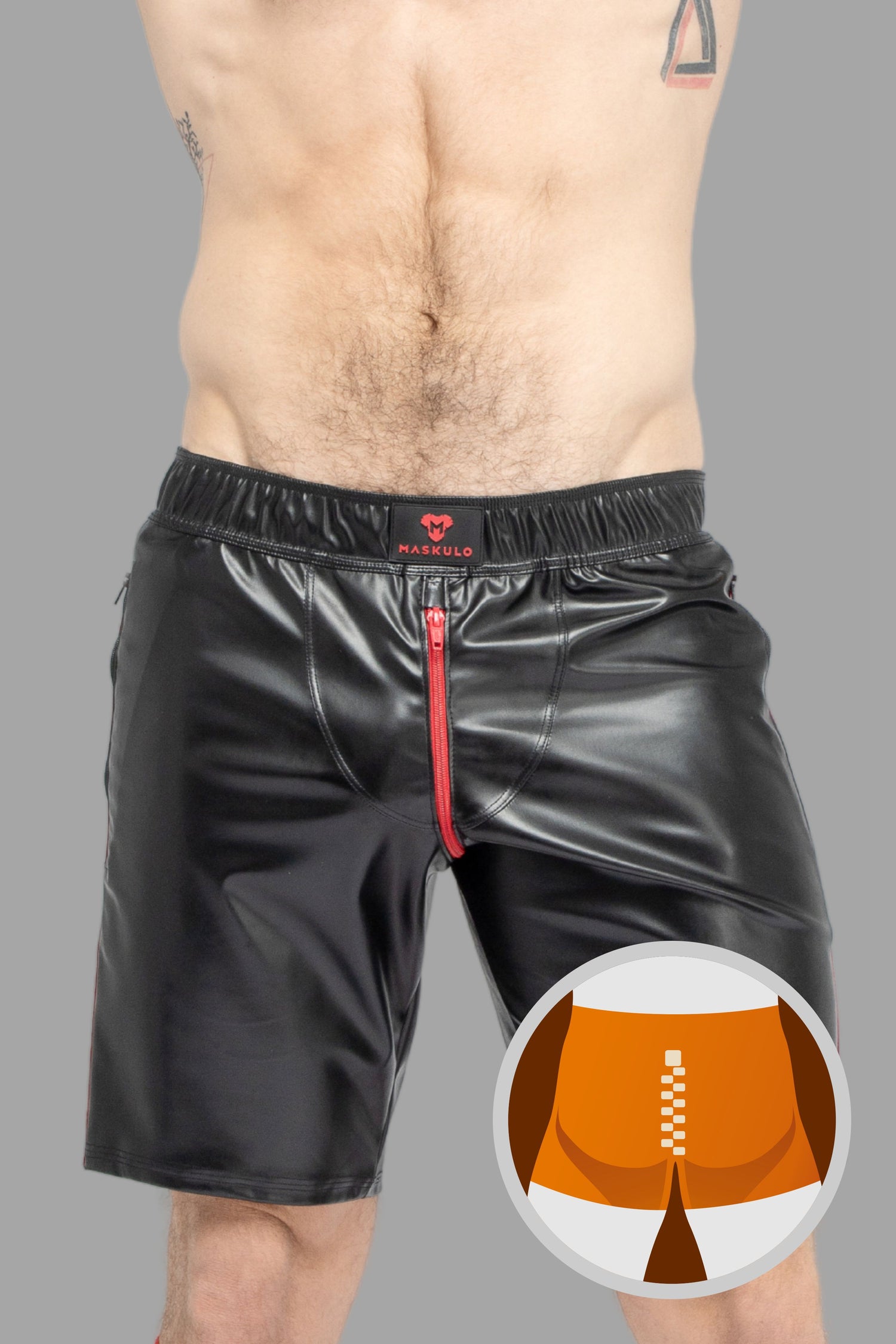 Calavera. Pantalones cortos de fútbol de polipiel. Negro+Rojo