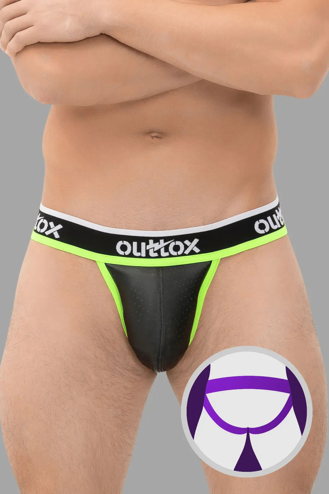 Outtox. Jock mit Druckknopf-Codpiece. Schwarz und Grün &