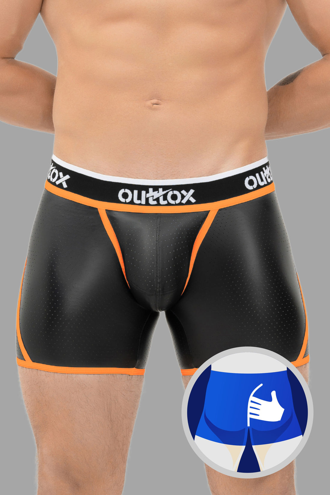Outtox. Wrap-Rear Short Tights. Snap Codpiece. Black+Orange