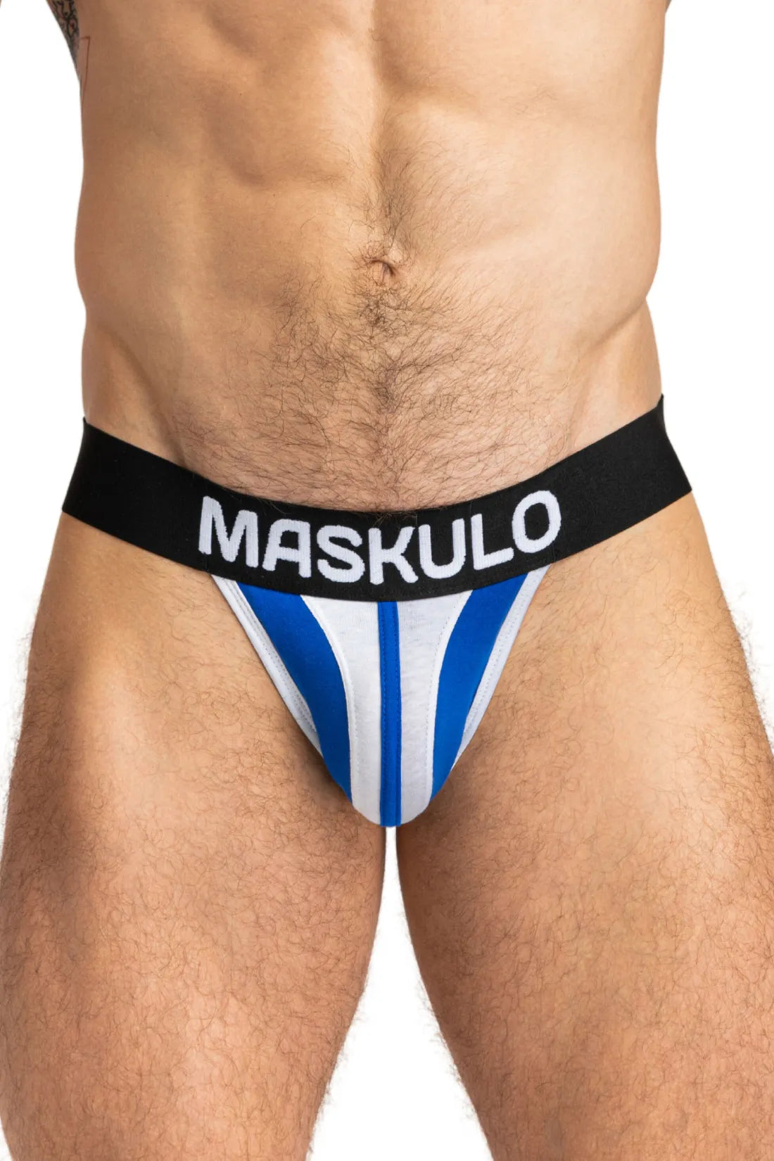 Jockstrap TIGER avec POUCH-SNAP. Blanc et bleu