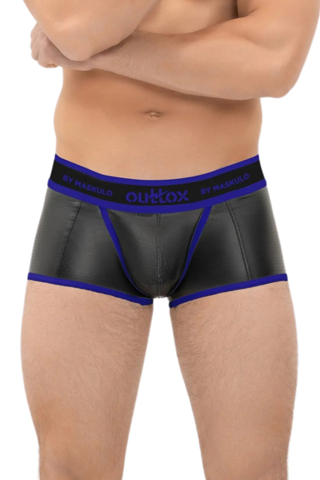 Outtox. Gewickelte Shorts mit Druckknopfverschluss. Schwarz und Blau