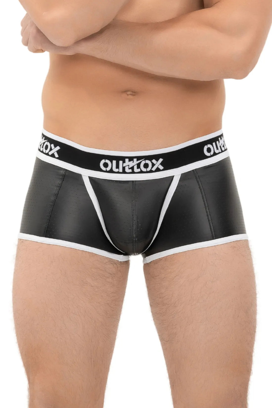 Outtox. Gewickelte Shorts mit Druckknopfverschluss. Schwarz und Weiß