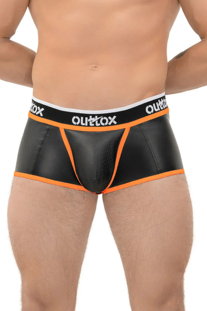 Outtox. Shorts mit offenem Rücken und Druckknopf-Codpiece. Schwarz und Orange