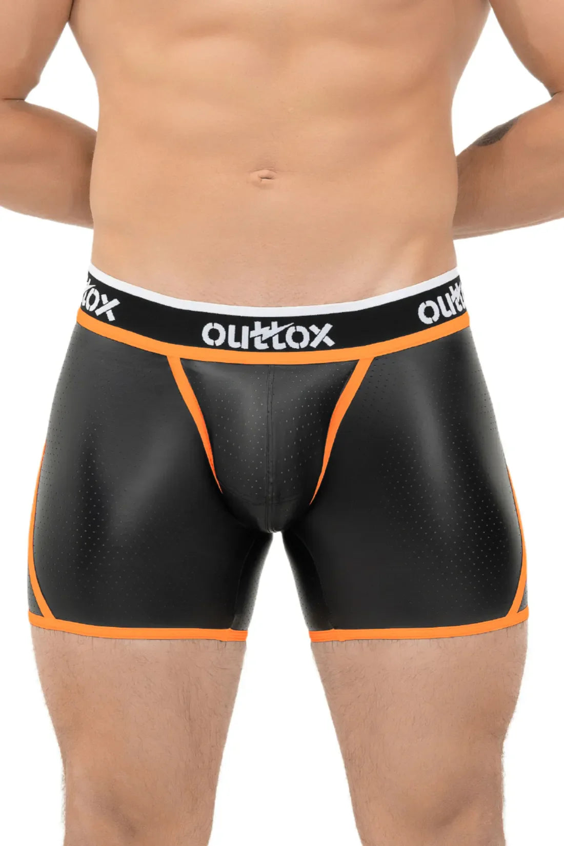 Outtox. Kurze Strumpfhose mit Wickel-Rücken. Schamkapsel mit Druckknopf. Schwarz und Orange