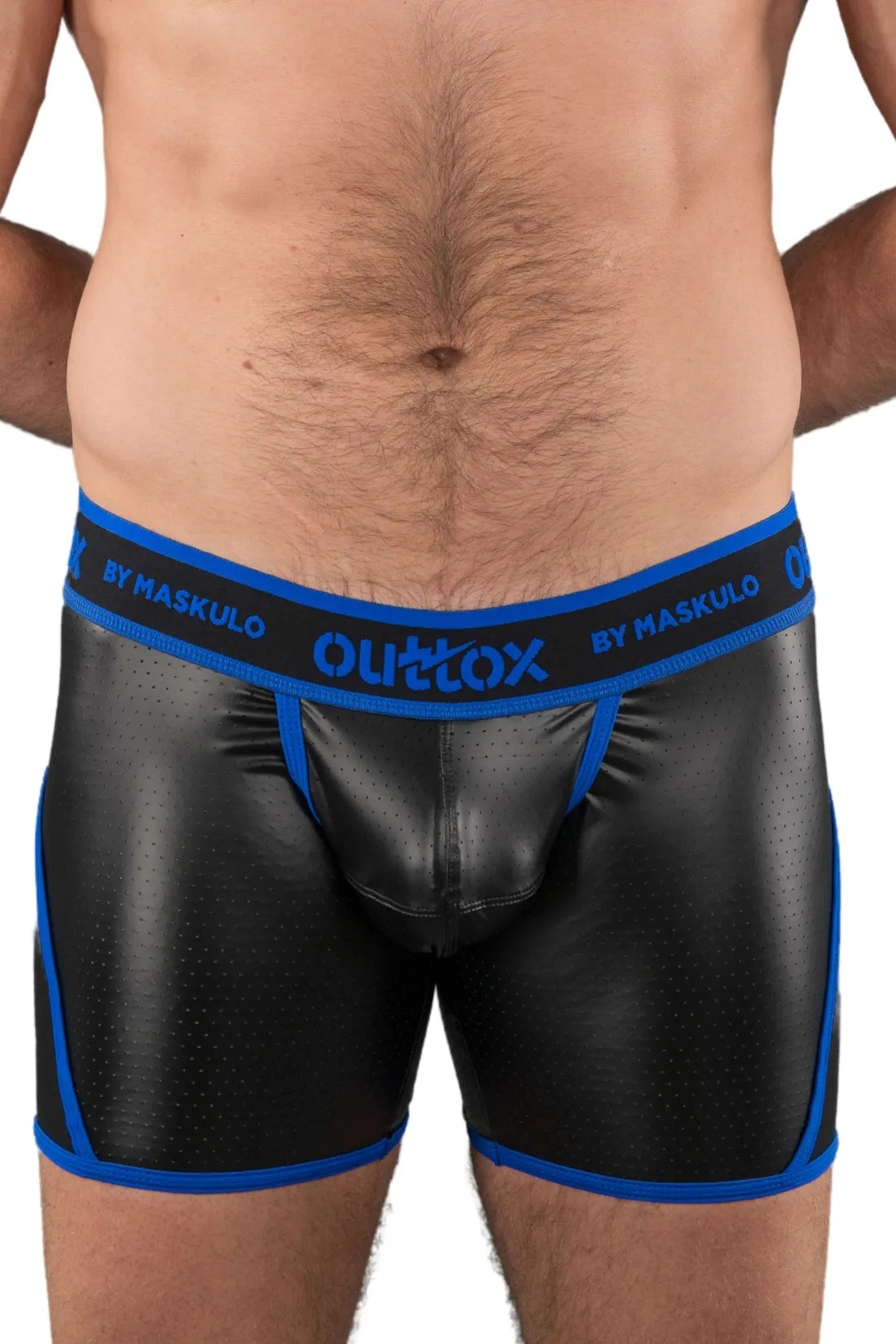 Outtox. Omwikkelde achtershort met drukknoopsluiting. Blauw