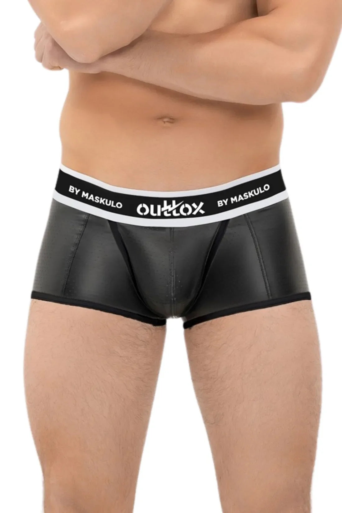 Outtox. Wrapped Rear Trunk Shorts with Snap Codpiece. Black