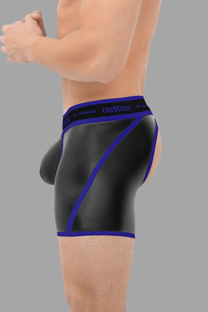 Outtox. Shorts mit offenem Rücken und Druckknopf-Codpiece. Blau