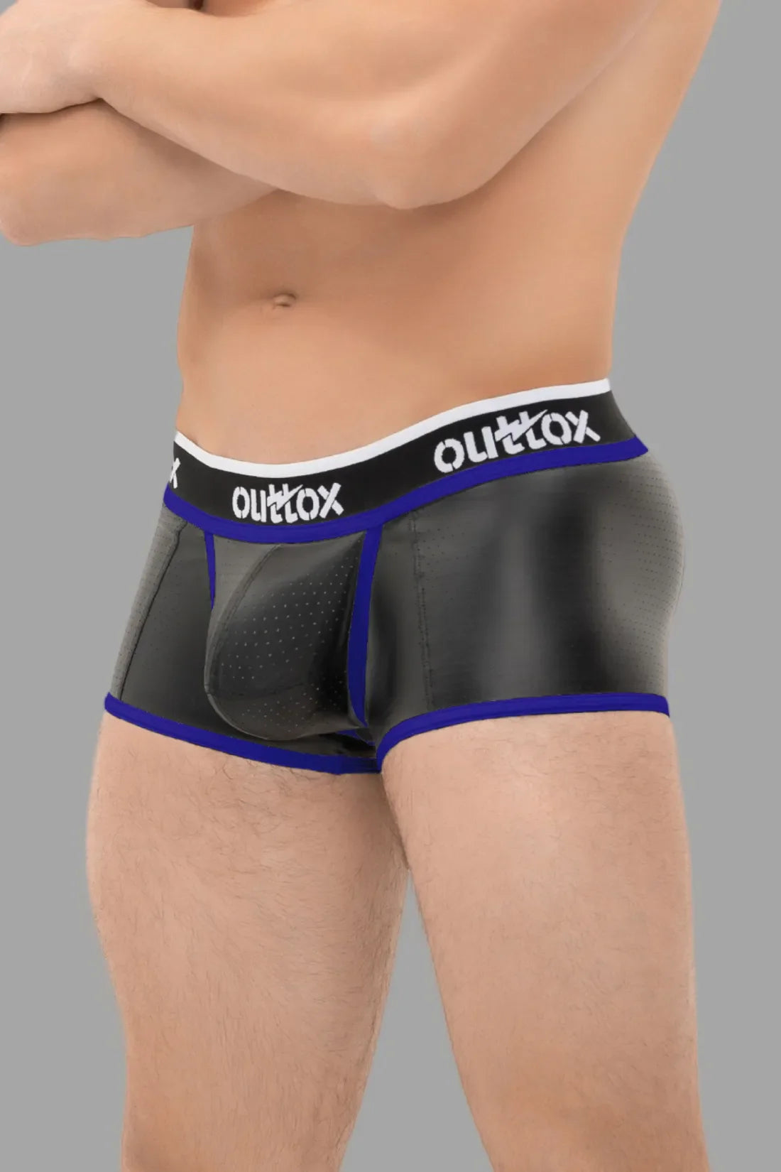 Outtox. Open Rear Trunk Shorts with Snap Codpiece. Black and Blue &