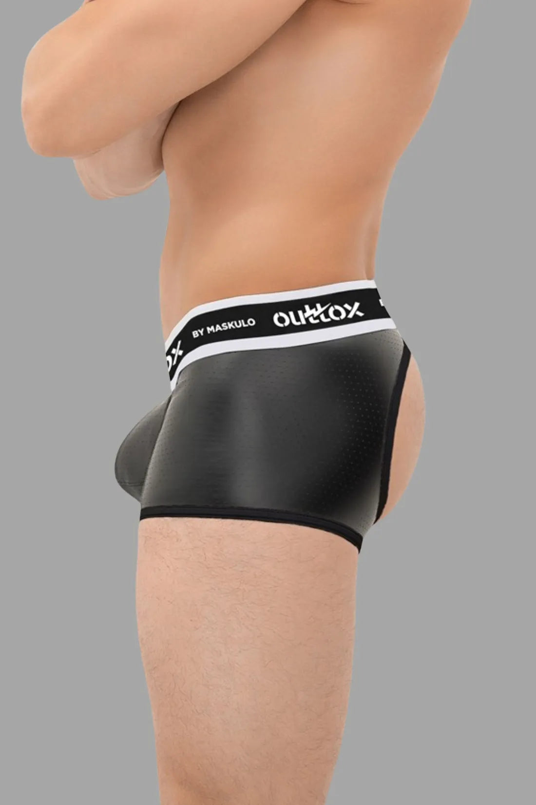 Outtox. Shorts mit offenem Rücken und Druckknopf-Codpiece. Schwarz