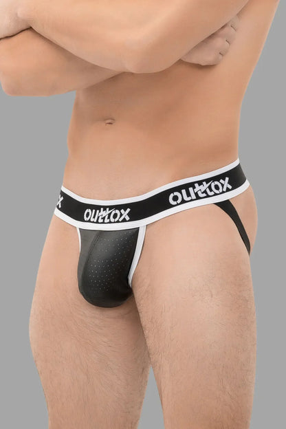 Outtox. Jock mit Druckknopf-Schamkapsel. Schwarz und Weiß