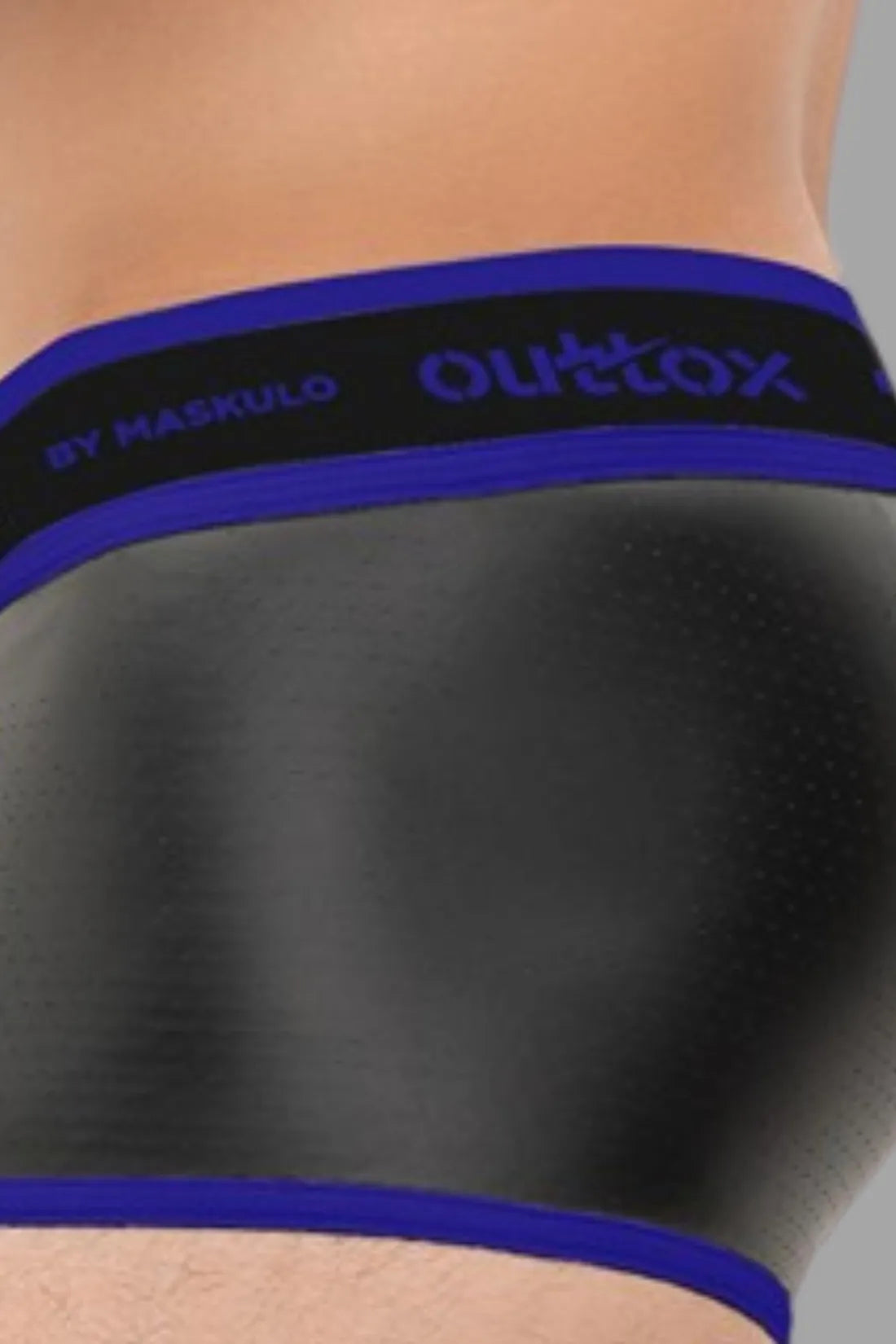 Outtox. Short de coffre arrière enveloppé avec braguette à boutons-pression. Noir et bleu