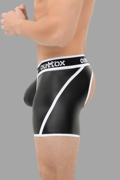 Outtox. Shorts mit offenem Rücken und Druckknopf-Codpiece. Schwarz und Weiß