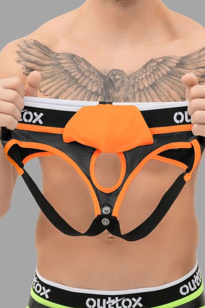 Outtox. Jock met snap-codpiece. Zwart+oranje