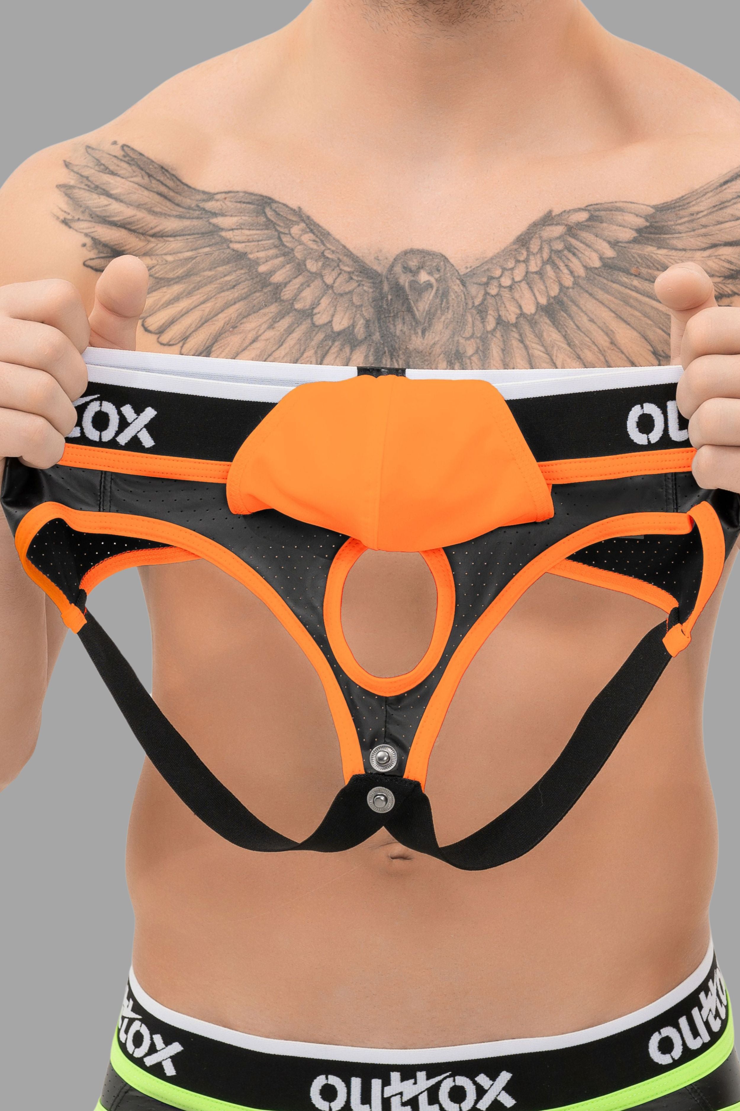 Outtox. Jock avec Snap Codpiece. Noir + Orange
