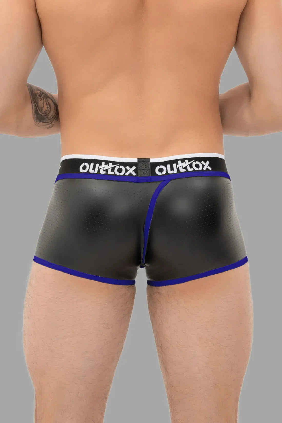 Outtox. Wrapped Rear Trunk Shorts with Snap Codpiece. Black and Blue