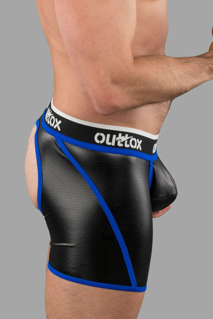 Outtox. Open achtershort met drukknoopsluiting. Blauw