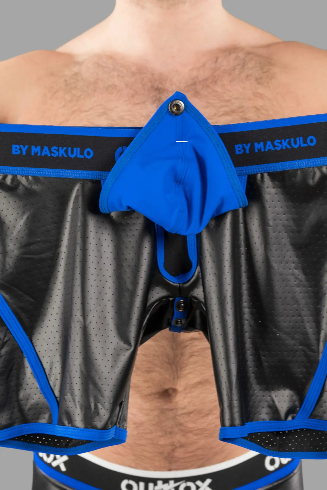 Outtox. Wrapped Rear Shorts with Snap Codpiece. Blue