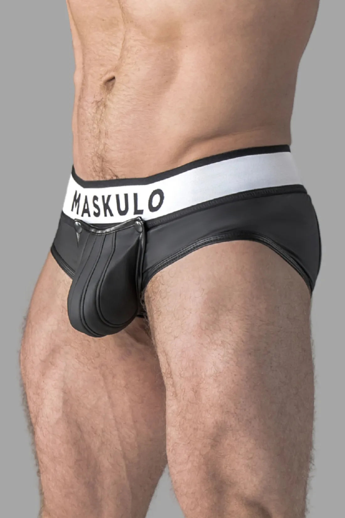 Armored. Rubber look Briefs. Detachable pouch. Open rear. Black