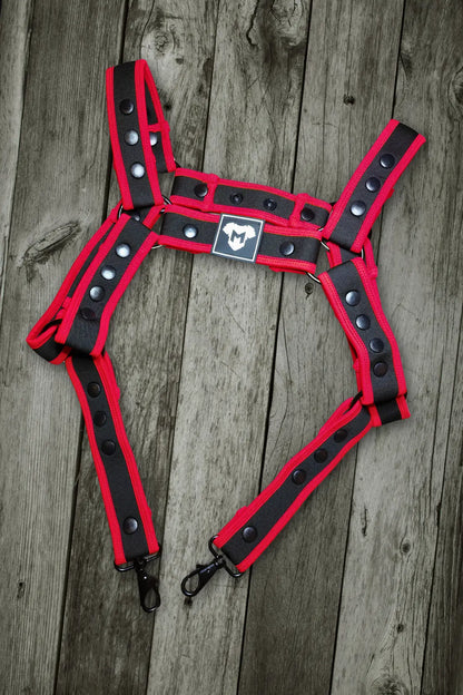 Riven Hexguard. Neoprene Body Harness. Black + Red