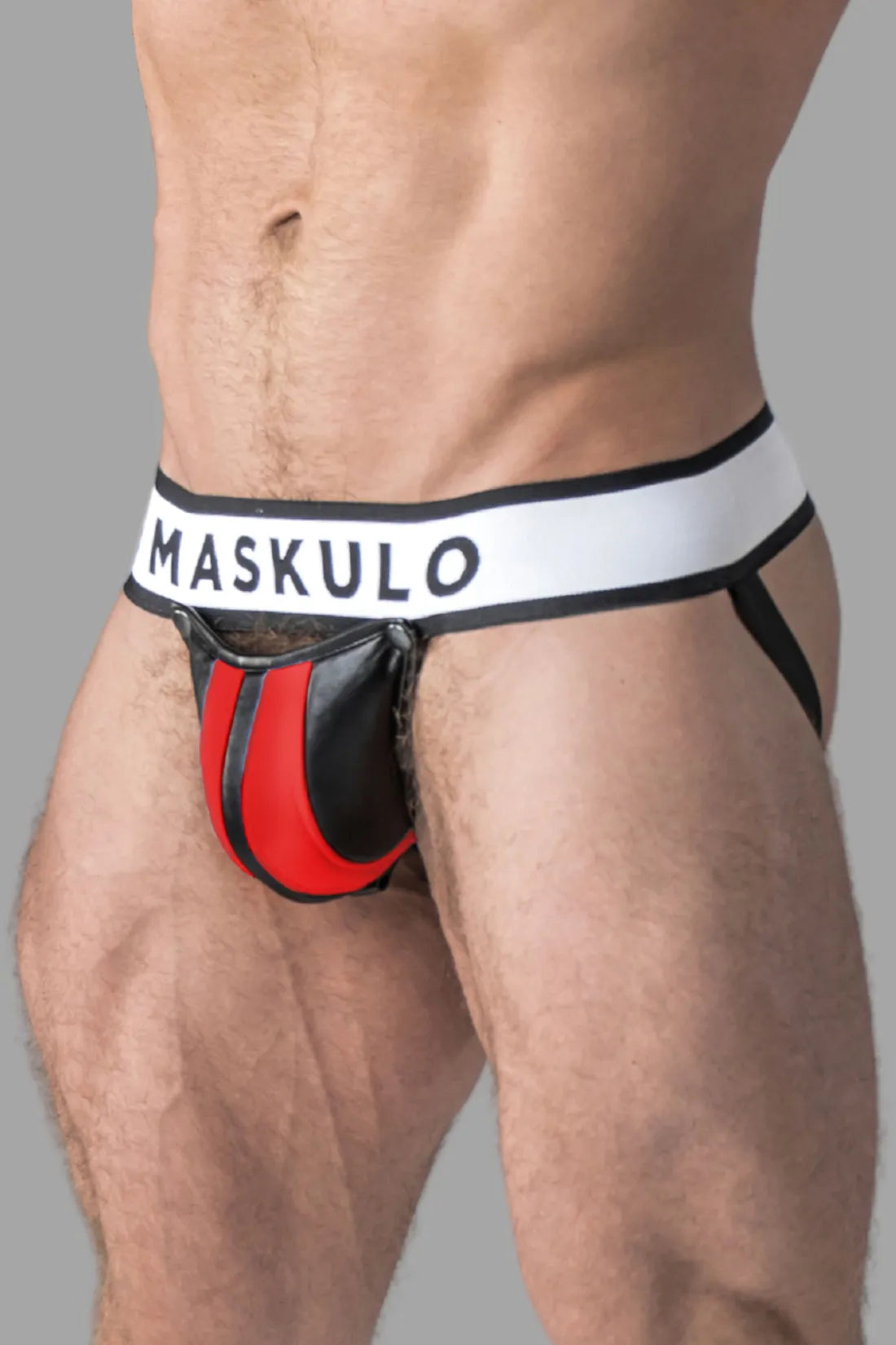 Armored. Jockstrap pour homme. Braguette amovible. Noir et rouge