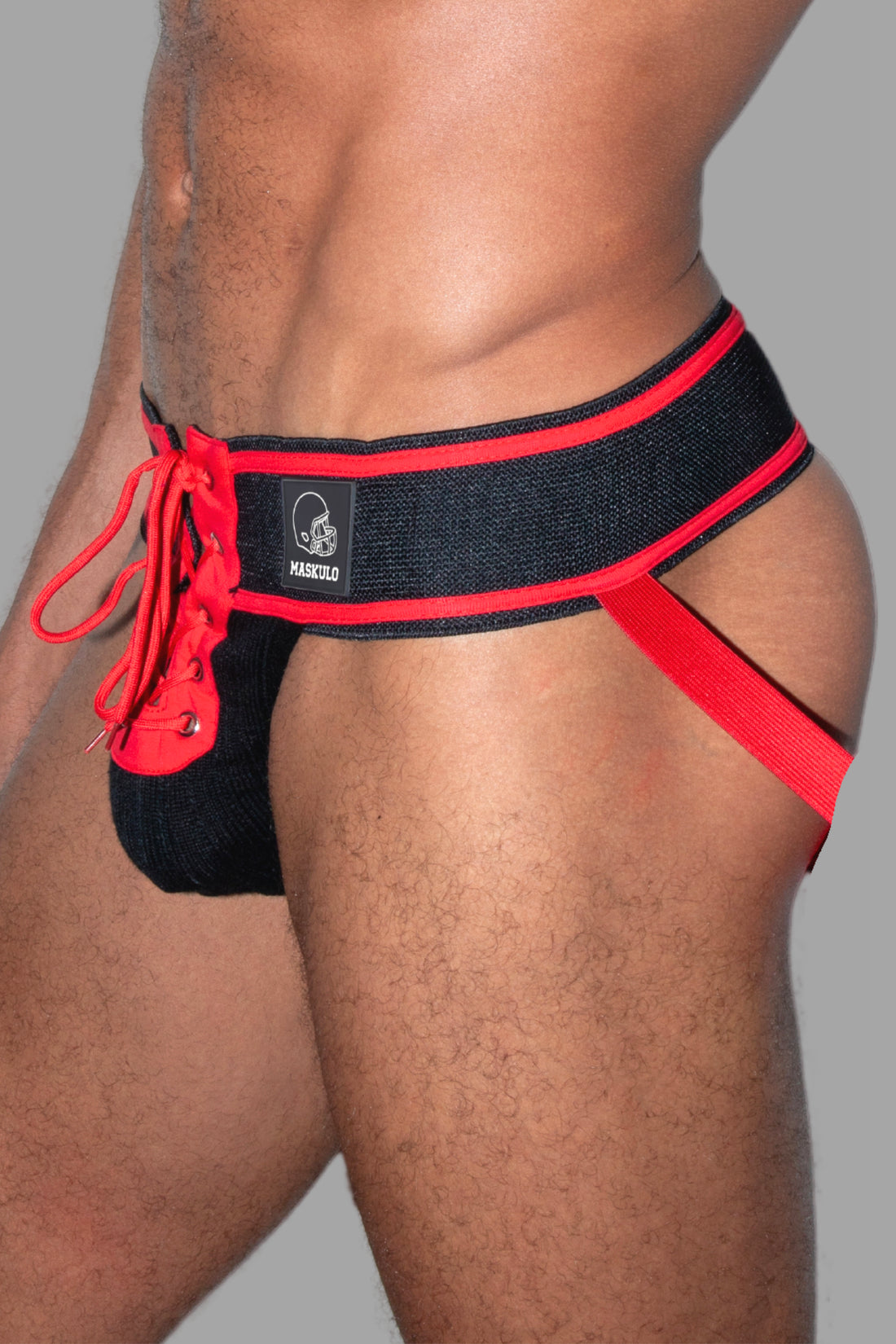 Jett Gridd-Iron, American Football Jockstrap. Zwart + Rood