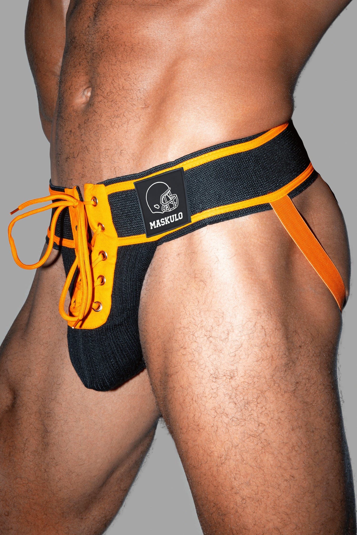 Matt Gridd-Iron, Jockstrap de Fútbol Americano. Negro + Naranja