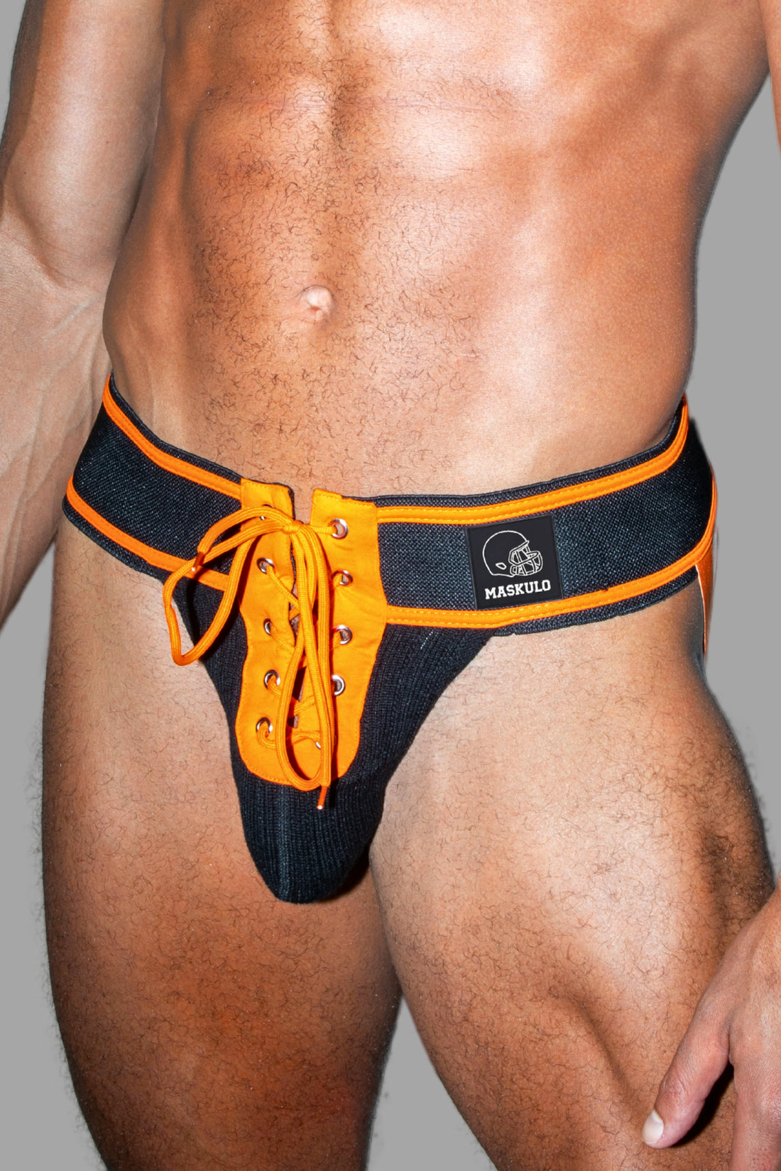 Matt Gridd-Iron, American Football Jockstrap. Zwart + Oranje