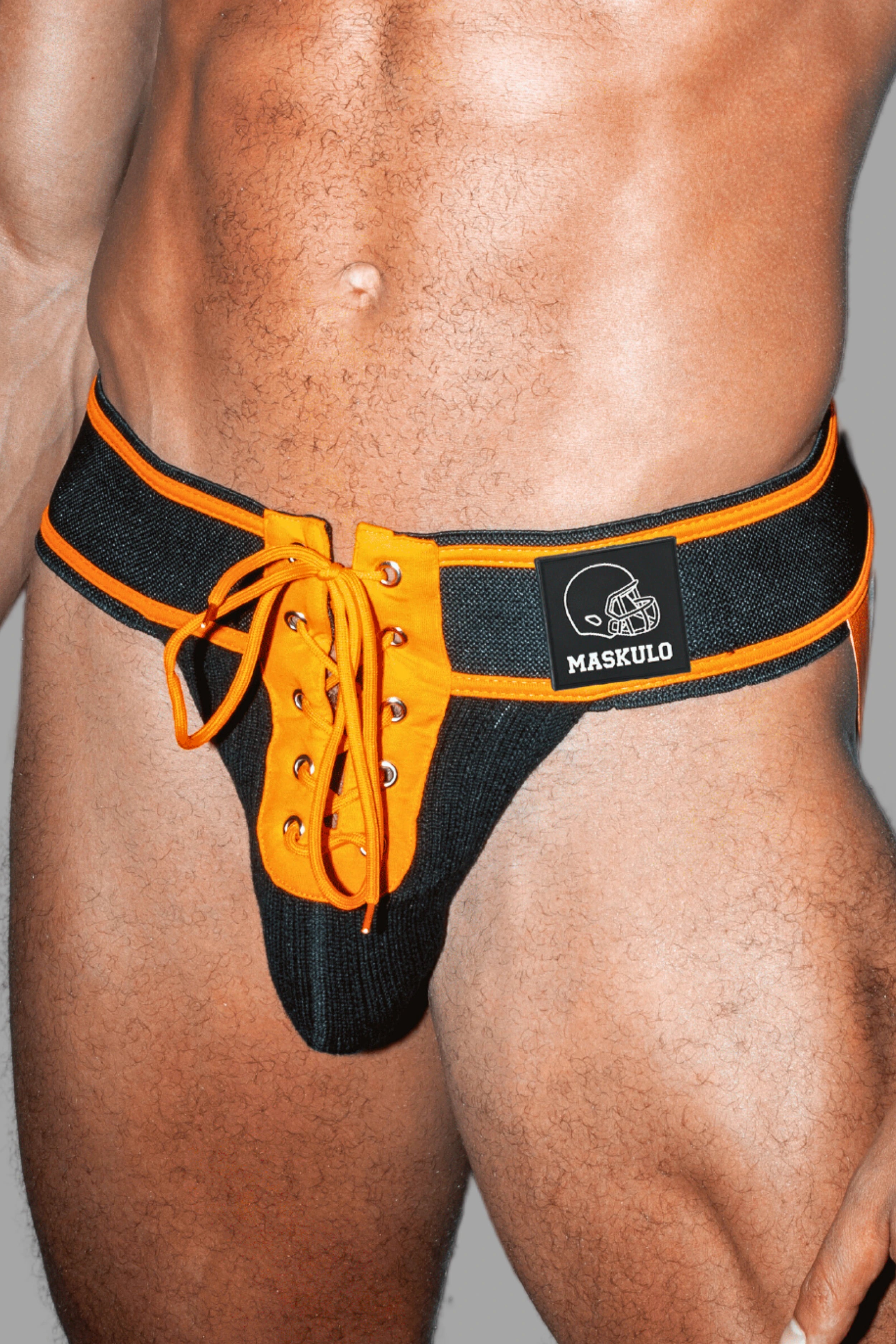 Matt Gridd-Iron, Jockstrap de Fútbol Americano. Negro + Naranja