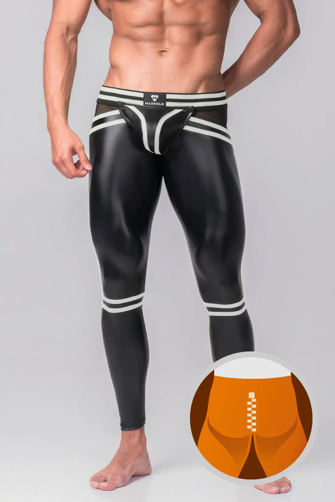 Youngero Generación Y. Leggings para hombre. Bragueta. Parte trasera con cremallera. Negro+Blanco &