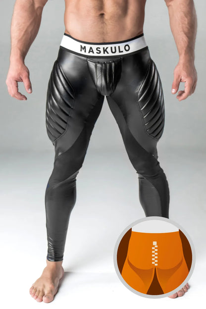 Blindado. Leggings fetiche para hombre. Bragueta. Parte trasera con cremallera. Negro